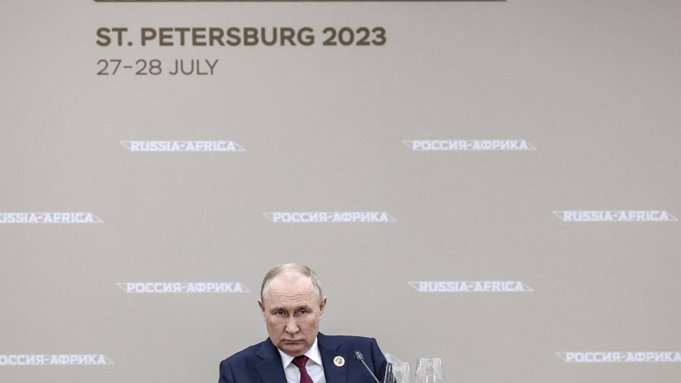 Russian President Vladimir Putin, center, attends a breakfast meeting with leaders of African regional organisations on the sideline of the Russia Africa Summit in St. Petersburg, Russia, Thursday, July 27, 2023. (Mikhail Metzel/TASS Host Photo Agency Pool Photo via AP)